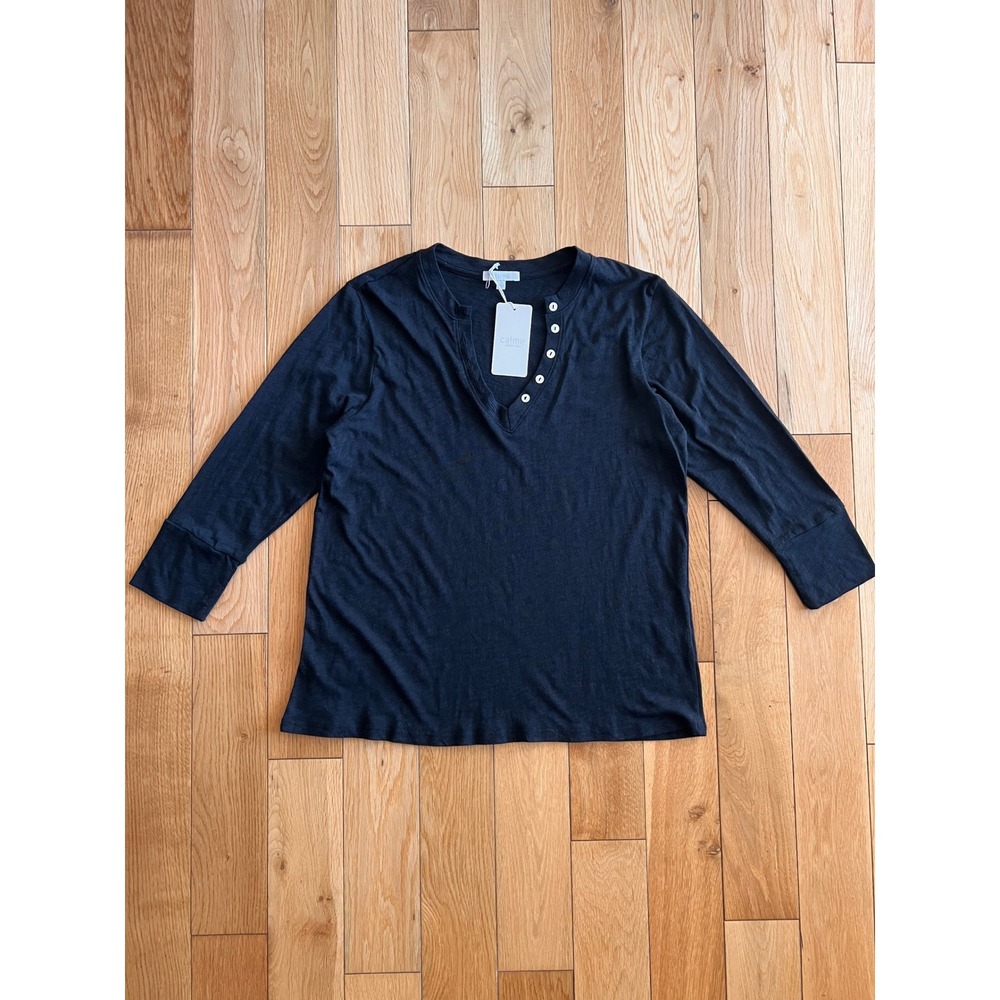 NEW Calme by Johnny Was Button V Neck 3/4 Sleeve T Shirt Black Womens Size Small